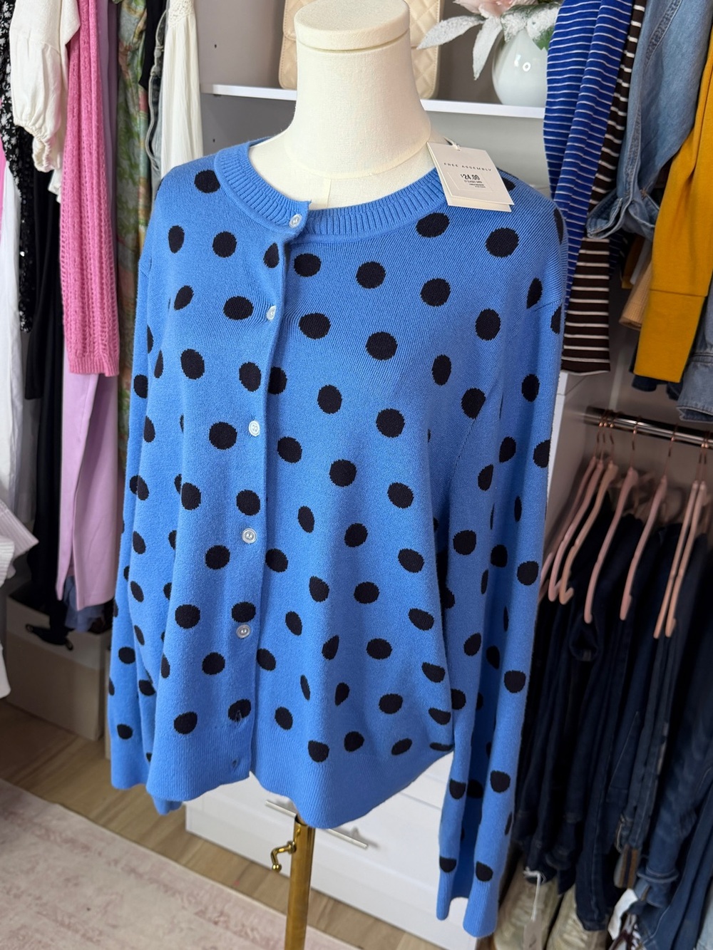 Free Assembly cozy yarn Blue Polka Dot Button-Front Cardigan